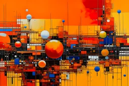 An orange color space station in a galaxy filled with planets painted by Piet Mondrian