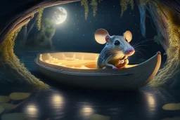 portrait of handsome mouse in cheese boat, in moonlit forest by stream, book illustration, fine detail, 4k, trending, volumetric light, depth of field