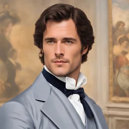 Imagine handsome Mr. Darcy, the iconic character from Pride and Prejudice, staring at a portrait of himself while at an art museum. Capture the moment with an air of sophistication and introspection, emphasising the character's timeless charm and the enigmatic allure of his gaze. Let the image evoke a sense of mystery, inviting viewers to ponder the essence of elegance encapsulated in this captivating visual narrative. water colour style.