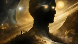 A shadowy figure stands silhouetted against the swirling, golden-hued clouds of Saturn. His eyes reflect a cosmic tapestry, with ethereal threads weaving through the darkness of space. Behind him, a faint image of Saturn's rings glimmers with an otherworldly light, while ghostly whispers seem to emanate from the void around him."