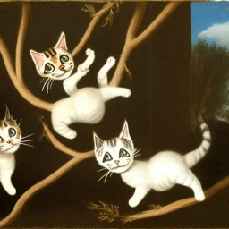 Three giving birth to a cat hanging from a branch