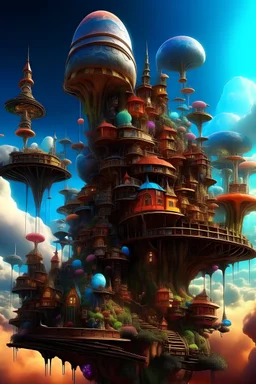 cloud town, a whimsical and otherworldly village, odd flowing shapes and structures, magical buildings suspended in air, beautifull atmospheric lighting, magical, cinematic effects, unusual fractal-like formations, psychedelic dreamscape, unique and imaginary house-like structures, winding pathways, guiding lights
