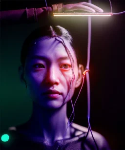 Ultra realistic photographic night portrait, cinematic, <Asian woman> <hanging wires> many wires coming out of the head <perfect pupil> <cyborg arm> <garage> <wide angle Shot> <sci-fi futuristic> <thriller>, neon lights, color fog, soft color, highly detailed, unreal engine 5, ray tracing, RTX, lumen lighting, ultra detail, volumetric lighting, high definition.