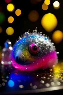 portrait of glittery twinkly haired twisted porcupine slug on a yoga space ship made of ice cream, smiling with beautiful shiny ears, each inside a pile of transparent jelly bubbles of weird colors with insect aliens inside, disco egg made of small mirror, light rayz, feast table ,shot on Hasselblad h6d-400c, zeiss prime lens, bokeh like f/0.8, tilt-shift lens 8k, high detail, smooth render, down-light, unreal engine, prize winning