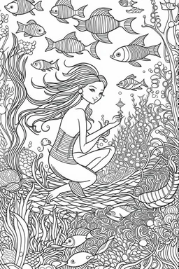 This wonderful coloring page features an enchanting scene of an adorable mermaid gracefully gliding through the depths of the ocean. The mermaid captures your heart with her cute appearance and whimsical charm. Surrounded by a vibrant aquatic wonderland, the mermaid is accompanied by a diverse array of marine life that brings this image to life. Delicate corals of various shapes and sizes create a colorful backdrop, while an assortment of fish, each with their own unique patterns and forms, swim