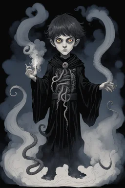 7 year old boy, necromancer, friendly, with tentacle coming out of his stomach, surrounded by weird smoke with eyes, wearing black robes, in the style of Harry Clarke