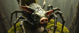 the weird face smart human nerd of a cyberpunk dragon spider cult robot with charm in web from mossy tower, master oil painting by Rembrandt and Escher, moss covered space station, brightened edges to give a sense of depth, pig in web