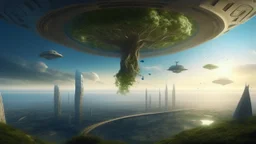 the last tree on earth, view from a far, portal to a space near the tree, few ships flying near the tree, city of the future year 4222, very realistic,