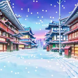 snowy Japan modern city landscape in winter, building light on, beautiful, colorful, old anime style, high details, high quality 8k