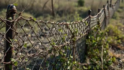 Woven wire fence snaking across abandoned land, repeating pattern of metallic diamonds reflecting diffuse light, wild vines intertwined with rusty links, industrial texture contrasting with invasive nature, post-industrial photography style