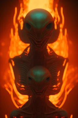 alien in the hell, Fire theme art, Dark moody night atmosphere, , 8K, close-up face, anatomically perfect face