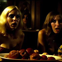 Horror movie shot, spooky, hot, ultra realistic, dine, horns, ultra realistic hot blonde women, party, pieces of meat, organs, ail, dynamic, very excited people, hypermaximalist figures, light, 1970's Italian horror movie, sinister,, Dario Argento, Stanley Kubrik, ornate, 4k, photorealism