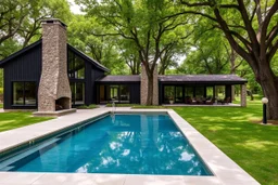 Modern country house with a dark exterior, large windows and tall stone fireplace. The house is surrounded by foliage of large trees. There is a rectangular swimming pool lined with light stone tiles and comfortable sun loungers next to it. Behind the pool is a covered patio with outdoor seating. Calm and serene environment, combining luxury with nature.