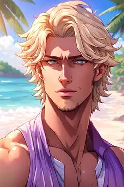 The handsome and perfect portrait is on the tropical island, anime sexy, feminine blonde-haired, lilac-eyed, and tan-skinned male character on the beach for the magazine, 8K resolution, high quality, ultra graphics, and detailed with lines.