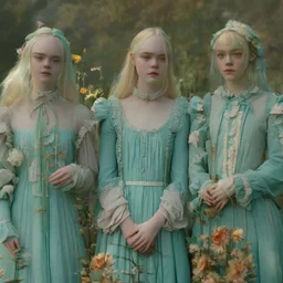 Elle fanning and dakota fanning as flowers, in the wind, turquoise,, autochrome