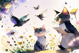 two cute anime chibi cats on either side of the picture looking at a pigeon in the top centre of the picture, flying with an envelope in its mouth in sunshine, flowerfield, watercolor and black ink outlines, ethereal, cinematic postprocessing, bokeh, dof