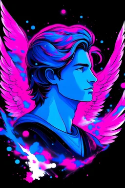 cosmic male Angel black air, blue and pink background high definition face