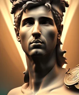 Gran angular, Realistic image, roman sculpture, marble material, Lionel Messi with Laurel wreath model, miguel angel style, God light, god rays, 4k resolution, perfect details, ornate details, soft lighting, unreal engine 5, soft cyan background.