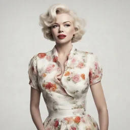 Michelle williams as marilyn monroe, in a flowered dress,, white bacground
