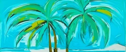 A turquoise blue island with palm trees painted by Pablo Picasso