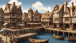 gothic medieval wooden harbour with piers and ships, people, shops, bridges, arches, balconies, taverns, blue sky, photorealistic