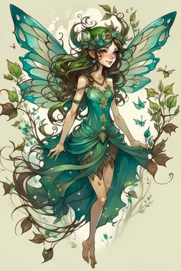 Forest fairy with iridesand teal wings and a cute short leaf dress and pointed ears and multiple vine earings and ear cuffs flying through a mythical forestand brown wavy hair trailing her