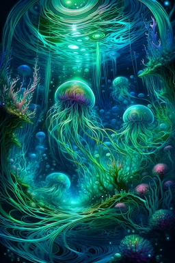 An ethereal and dreamlike underwater landscape, as if one were viewing it through the lens of a deep-sea hermeneutic psychedelic experience. The background is adorned with intricate tendrils of bioluminescent flora, their iridescent hues shimmering and pulsing in rhythm with the currents. Floating in the foreground are three mysterious orbs, each encrusted with delicate filaments and glowing with a captivating inner light. These orbs, reminiscent of seeds, seem to be emanating waves of energy th