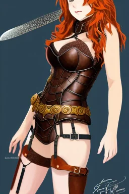 concept illustration, super-detailed, strikingly beautiful teen female, 16 years old, loli, long ginger hair, medium freckles, full lips, full body, full face, b-cup breasts, athletic, centred camera, ignore NSFW, skimpy brown fantasy leather armor, halter top, micro thong, knee-high leather boots, open leather tasset, stern expression,