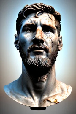 Ultra Realistic image, roman sculpture, Calacatta marble material, Lionel Messi, gold Laurel leaves crown, Renaissance style, miguel angel David style, chisel style, emperor, waist up portrait, epic, celestial, cinematic lighting, God light, god rays, 4k resolution, smooth details, ornate details, soft lighting, unreal engine 5, sky background.