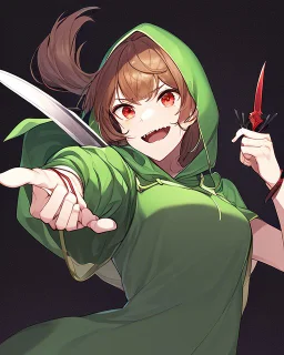 A character with short brown hair, red eyes who wears a green blouse open with its hood, holds a bright red knife, Smile insanely and very angry, Aspect that shows that the character is a villain, dark background Very dark and HQ Manga.