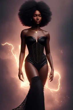 A portrait of a beautiful youthful black woman, wearing a lace black corset, long black hair, wizard, magical, ethereal, intricate bright lighting. Concept art by wlop. Ultra quality 8k.