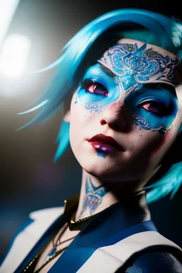 Smirking anime vampire, light blue hair, blue eyes, facepaint, up portrait, 8k resolution, intricate details, ornate details, soft lighting, vibrant colors, retroanime, masterpiece, intricate eyeliner, dark eyeshadow, eyes, intricate tattoos, futuristic cityscape background