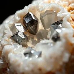 Ultra realistic macro photography of biomorphic crystal formation, ivory organic tissue fused with obsidian crystal growth, intense specular highlights and micro sparkle reflections on crystal facets, controlled studio macro lighting with backlight caustics, sharp glittering light points, shallow depth of field, 100mm macro lens look, ultra photorealistic, 8k