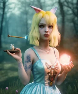 Ultra realistic wonderland photo, happy blonde Alice smoking a pipe, blue dress, white rabbit pet, circus dress style, old school tattoo, smoke, marijuana garden, glow eyes, perfect iris, soft color, highly detailed, unreal engine 5, ray tracing, RTX, lumen lighting, ultra detail, volumetric lighting, high definition.