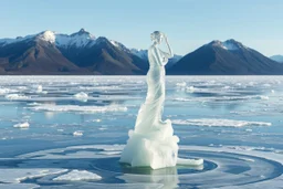 in a frozen sea with pretty mountains a full lady statue of transparrent ice