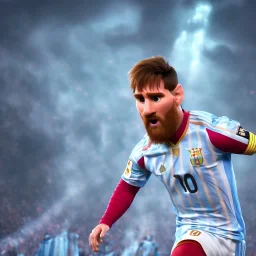 portrait,lionel messi robot, wearing argentina, post-apocalyptic in a football stadium, realistic, intriacte detail, sci-fi fantasy style, volumetric lighting, particales,highly detailed,cinamatic, deep colours,8k