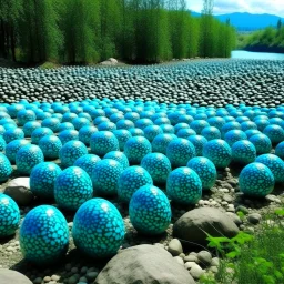 A cyan field with a pebble road designed in Matryoshka dolls painted by Guo Xi