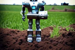 Photograph 60 mm lens. Technological singularity. Post-apocalypse utopia. Machine, fake smile, staring eyes. Milky white lay figures torso laying on the ground. Grass, mud. dirt. An yard of a farm is in the Background. Quick silver, Mercury Puddles. Zoom. Background is fussy. Cyborg's torso is dirty. Male robot, big AKG headphones. Green technology. self-sufficiency. autarchy. REcycled clothes.