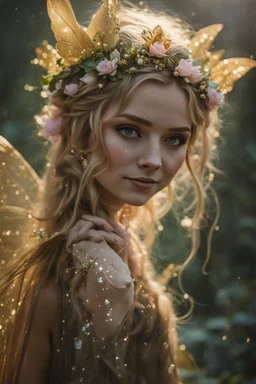 Pink flower crown,Pointed elven ears,Blonde hair ,Pink dress,Sparkling fairy wings,Very long golden hair,Fairy crown,pointed ears,elven ears,fairy wings,water lilies,sparkling,glittering,flowers,blossoms,golden crown,light pink dress