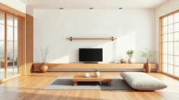 Minimalist modern zen living room with wood floor and shelf wooden on wall japanese style.3d rendering