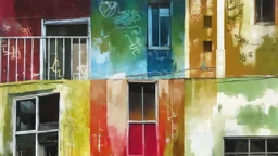 Colorful abstract urban landscape with various buildings, windows, and graffiti-like elements