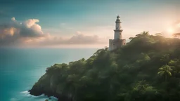 Photoreal magnificent gargantuan medieval light house on an exotic caribbean jungle coast with a frothy turquoise sea at sunset by lee jeffries, in the style of fantasy movies, photorealistic, shot on Hasselblad h6d-400c, zeiss prime lens, bokeh like f/0.8, tilt-shift lens 8k, high detail, smooth render, unreal engine 5, cinema 4d, HDR, dust effect, vivid colors
