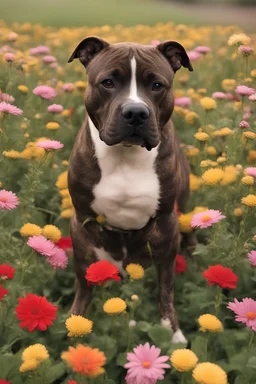 A brindle Staffordshire Bullterrier no with fur with flowers around