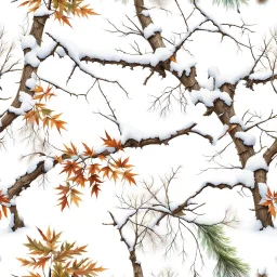 detailed Real Tree Camouflage made of sticks, twigs, tree bark, dried maple leaves, green pine branches, snow and dirt, white background, seamless repeatable texture pattern imitating a natural forest background, add details