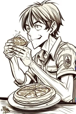 Cartoon sketch of Eren Yeager eating pizza and drinking soda.