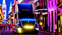 A Tesla semi-truck is racing at top speed, on the Bourbon Street, in New Orleans. CINEMATIC. WIDE ANGLE LENS.