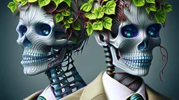 Surreal Couple Made Of Metal Skeletons With Flowering Vines Growing Through; Wearing Blue Gray Green Striped Business Suits With Paisley Shirts And Ties; Surreal, Intricately Detailed, Beautiful, Colorful