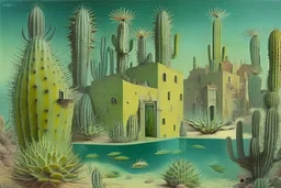 a fantastic cactus city with cactus houses underwater by artists "Leonora Carrington" and "Piranesi"