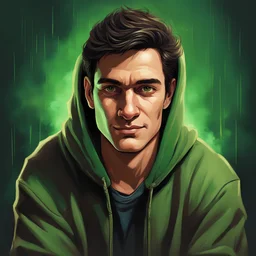 A dark-haired man, brown eyes, green hoody, Oil portrait, lichtenstain style, comic style, smile on face