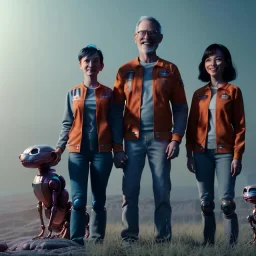 Ultra Realistic home family portrait. father. mother. daughter. alien pet. assistant robot. retro futuristic style. smile, happy. highly detailed, concept art, unreal engine 5, ray tracing, RTX, lumen lighting, ultra detail, volumetric lighting, 3d, finely drawn, high definition, high resolution.